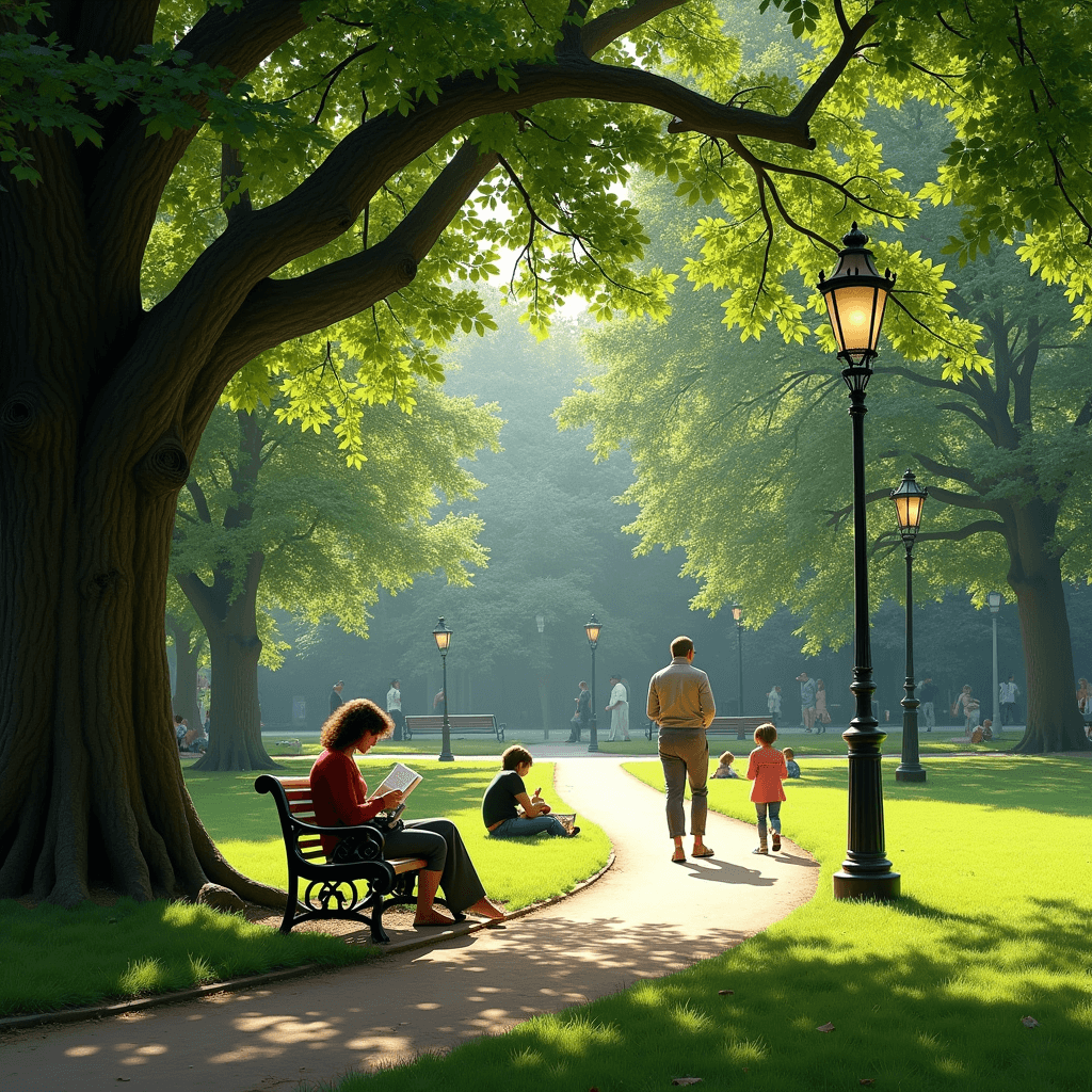 People relaxing, reading, and sketching in the peaceful green lawns of Parc Monceau.