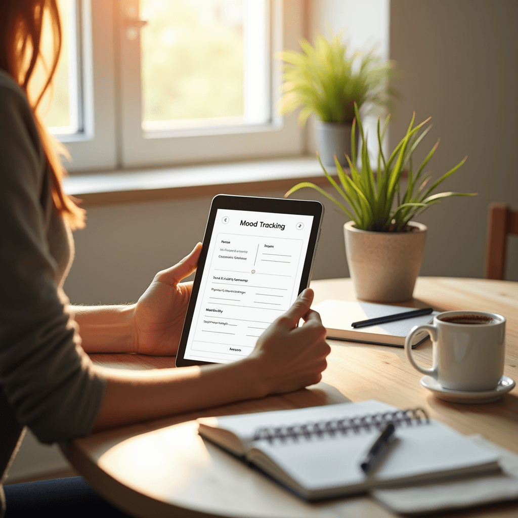 Hands holding tablet with journaling app open in bright kitchen setting.
