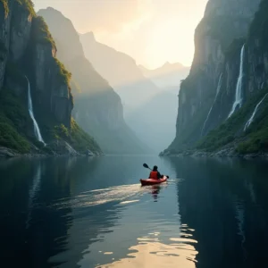A hyperrealistic photograph depicts a lone kayaker gliding across the calm, mirror-like waters of a secluded Norwegian fjord at sunrise. Towering moss-covered cliffs, partially veiled in morning mist, rise dramatically, with waterfalls cascading down their rugged sides. The kayaker’s vivid jacket stands out against the deep blue water, illuminated by soft golden sunlight that enhances the scene’s textures and tranquil yet exhilarating mood.