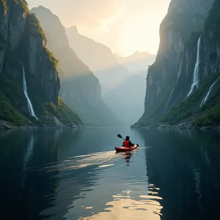 A hyperrealistic photograph depicts a lone kayaker gliding across the calm, mirror-like waters of a secluded Norwegian fjord at sunrise. Towering moss-covered cliffs, partially veiled in morning mist, rise dramatically, with waterfalls cascading down their rugged sides. The kayaker’s vivid jacket stands out against the deep blue water, illuminated by soft golden sunlight that enhances the scene’s textures and tranquil yet exhilarating mood.