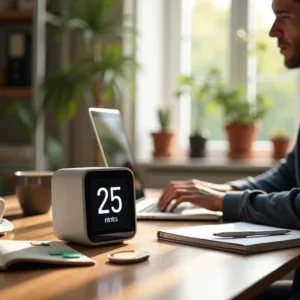 A hyperrealistic scene of a tidy home office flooded with sunlight, featuring a young professional in their mid-20s typing on a laptop at a wooden desk. A sleek digital timer is set to 25 minutes, a mug of coffee, colorful sticky notes, and an open notebook accompany the scene, while soft greenery and an organized environment evoke modern, purposeful productivity.