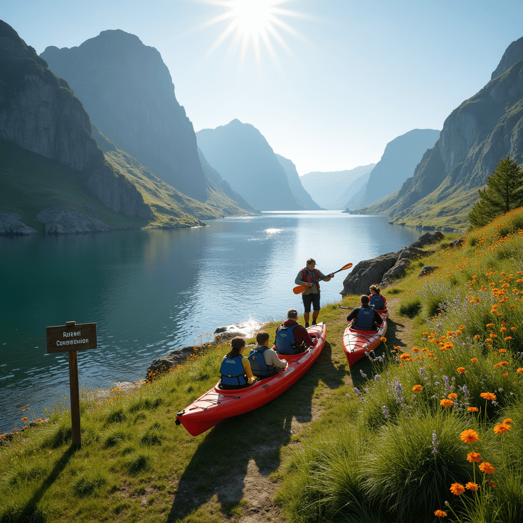 Eco-certified kayak group touring a protected area in a Norwegian fjord led by an indigenous guide.