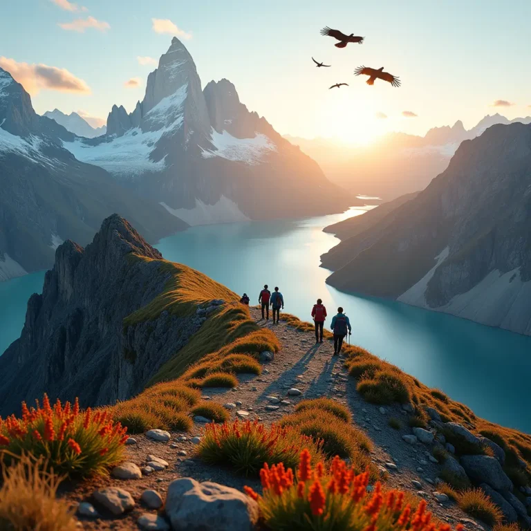 Hyperrealistic image of trekkers standing atop a rugged mountain ridge in Patagonia at sunrise with glowing golden light. In the background, the jagged Torres del Paine peaks rise above glacial lagoons, while vibrant wildflowers frame the trail. Mist swirls through the valleys and condors soar above, as the hikers' expressions reflect awe and accomplishment. Focus is drawn to the crisp detail of realistic trekking gear, the vivid contrast of snow-capped mountains and turquoise waters, and the dramatic landscape basked in morning light.