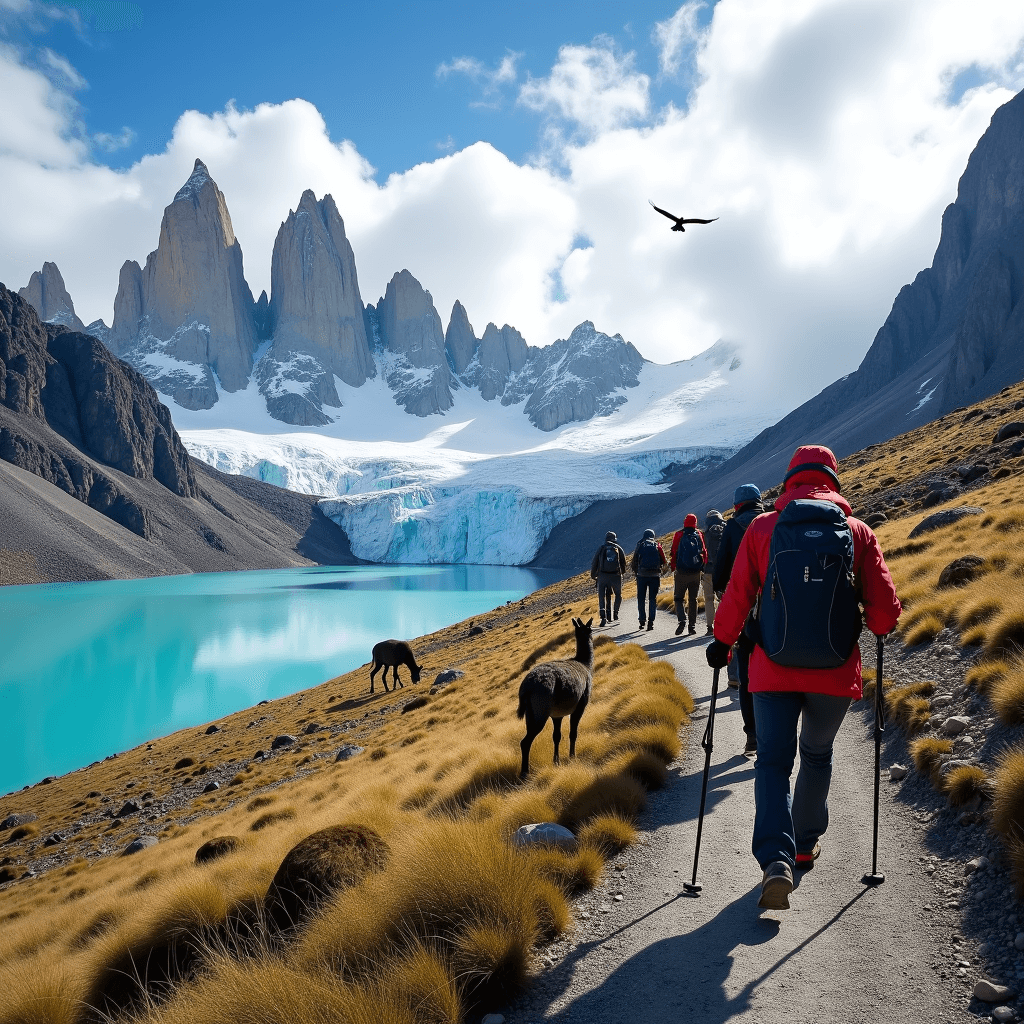 Trekkers on a mountain trail with lakes and dramatic peaks in Torres del Paine.