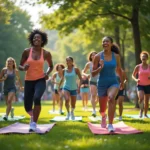 A hyperrealistic image showing a lively group of young adults in a sunlit urban park, enjoying various fitness activities including yoga, jump rope, and frisbee. The scene features lush green trees, colorful workout mats and attire, and a joyful atmosphere highlighting energy and camaraderie.