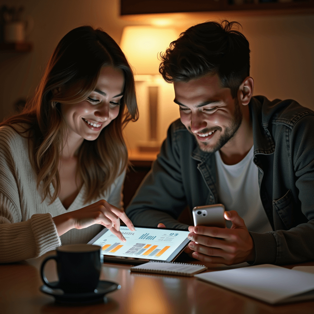 Two people using digital budgeting apps with devices at a kitchen table in warm lighting.