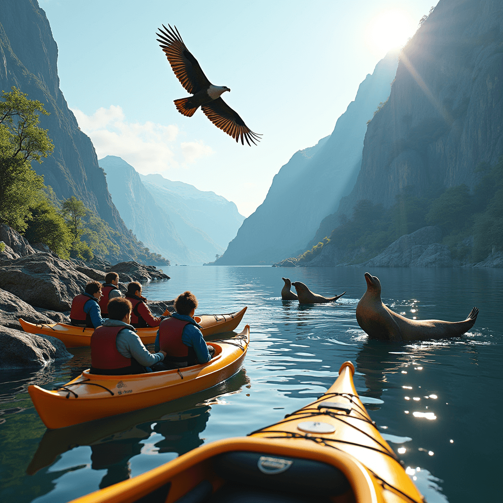 Kayakers watching seals and a flying sea eagle in a lush Norwegian fjord during summer.