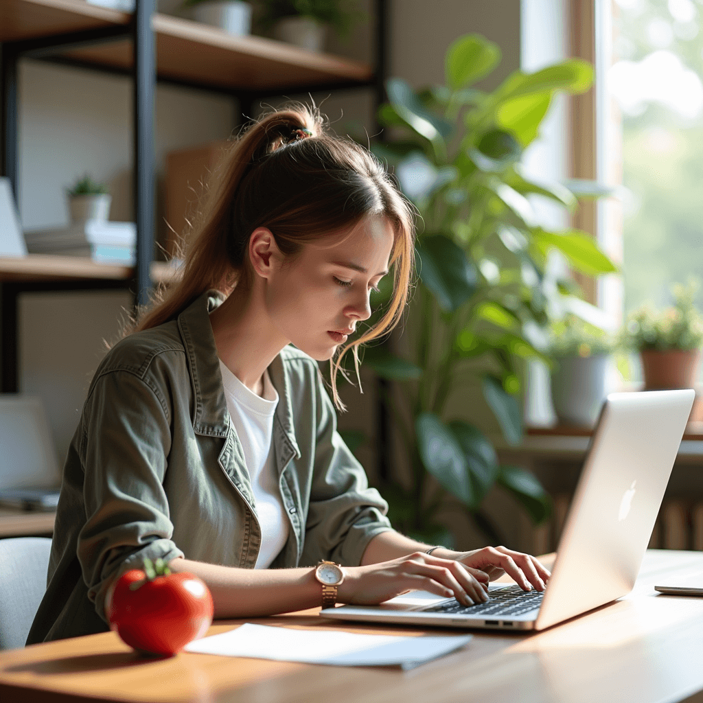 Focused young professional with Pomodoro timer working in a bright home office.