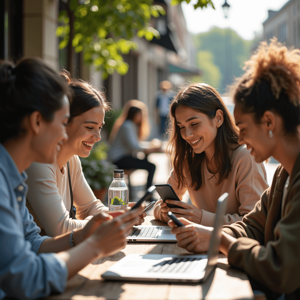 Group of young people using phones to compare ethical shopping apps outdoors.