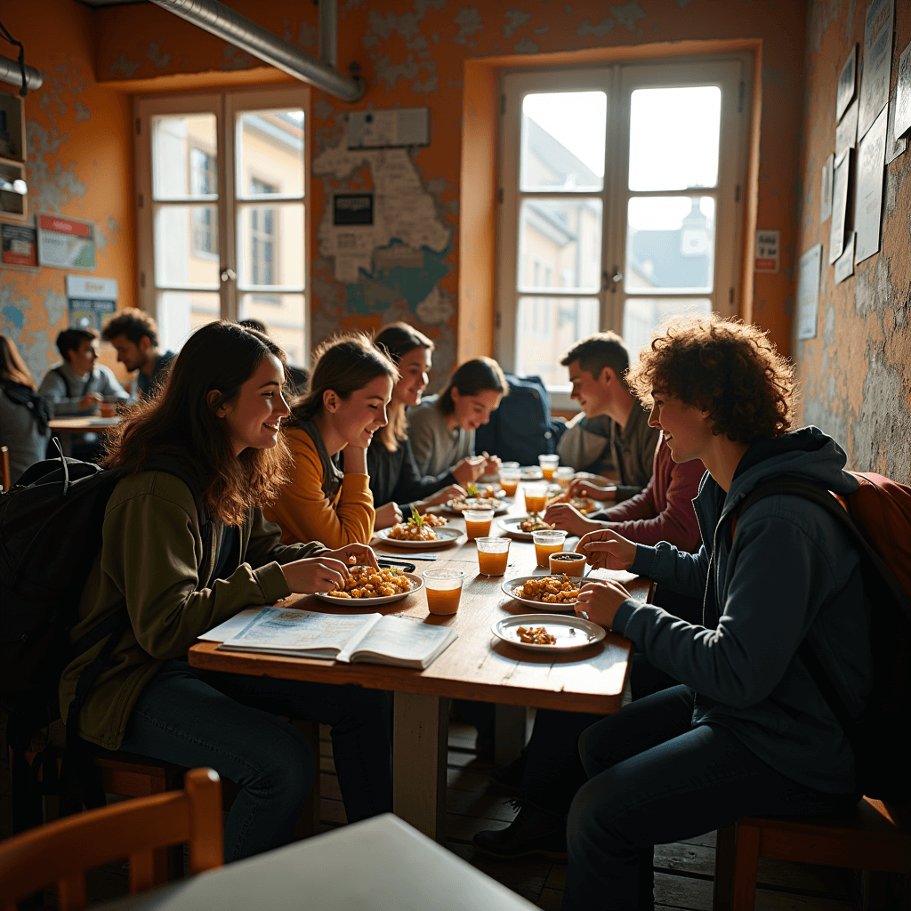 Group of backpackers talking and eating together in a comfortable European hostel lounge.