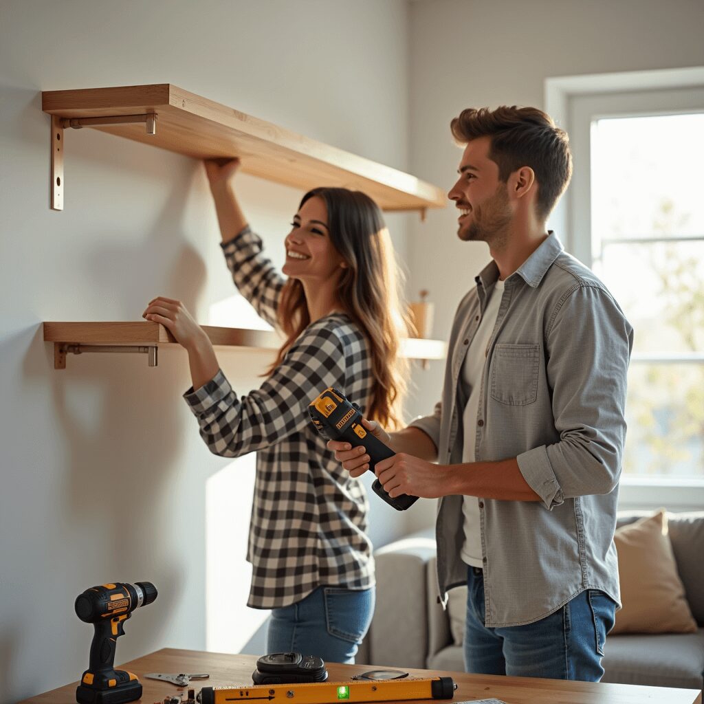 Young homeowner couple installing floating shelves