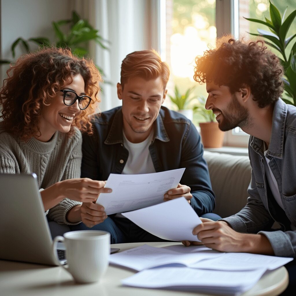 Millennial professionals preparing taxes in a modern living room