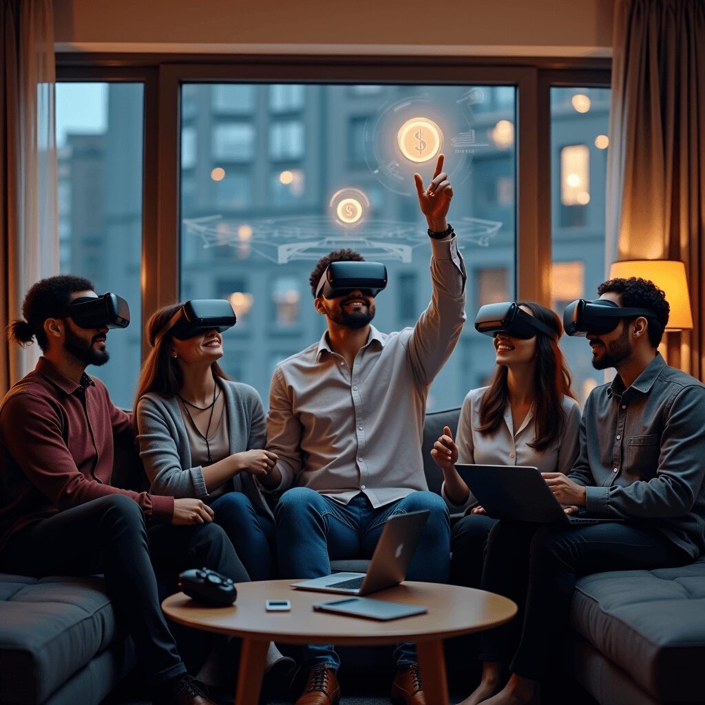 Young professionals collaborating in a vibrant virtual workspace